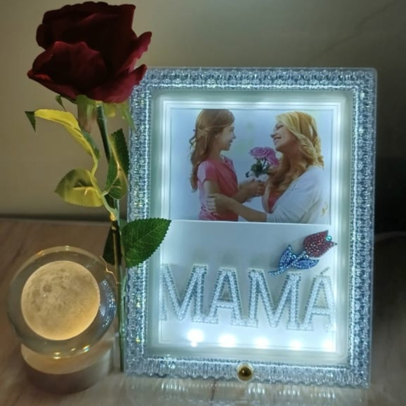 Set de Regalo Día de la Madre: Lámpara 3D Luna, Rosa y Cuadro de Luz